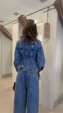 Conjunto Jaqueta Jeans Peplum e Calça Jeans - Azul Jeans - costas