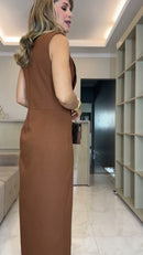 Vestido Longo em Linho com Botões e Fenda Frontal Caramelo - Caramelo - costas