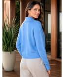 Cardigan Feminino Tricot Zíper Gola Lapela Curto Nieli - Azul - costas
