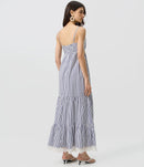 Vestido Evasê em Tricoline Listrado com Bordado Branco - Listrado Azul - costas