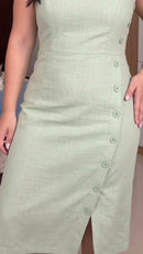 Vestido Midi Linho com Botões - Verde Claro - detalhe