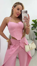 Conjunto Corset e Calça Pantalona com Sobreposição - Rosa - detalhe