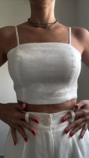Conjunto 100% Linho Cropped e Calça Pantalona - Branco - detalhe