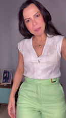 Conjunto Blusa Cambraia e Calça em Linho - Verde Claro - detalhe