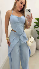 Conjunto Corset e Calça Pantalona com Sobreposição - Azul Claro - detalhe