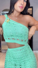 Conjunto Cancún em Tricô com Franjas - Verde Água - detalhe