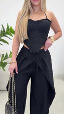 Conjunto Corset e Calça Pantalona com Sobreposição - Preto - detalhe