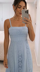 Vestido Longo Alças Finas com Renda - Azul Claro - detalhe