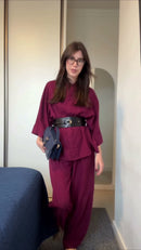 Conjunto Camisa e Calça Pantalona com Cinto Vinho - Vinho - frente