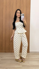 Conjunto Poá Jeans Blusa Tomara que Caia e Calça Balloon Mariah - Off White - frente