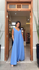 Vestido Paula em Linho - Azul - frente
