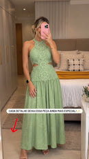 Vestido Longo Renda Frente Única com Recortes - Verde Menta - frente