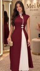 Vestido Midi Gola Cheongsam Bicolor - Vinho - frente