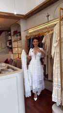Vestido Midi Renda Decote V Branco - Branco - frente