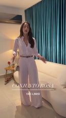 Conjunto Camisa e Calça Pantalona 100% Linho Rosa - Rosa - frente