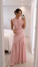 Vestido Longo com Renda Guipir - Rosa - frente