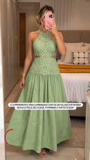 Vestido Longo Renda com Recortes - Verde - frente