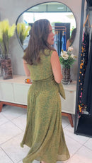 Vestido Longo Estampado com Laço no Decote Verde Oliva - Verde Oliva - lateral