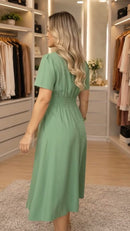 Vestido Midi Manga Curta com Botões e Friso - Verde - lateral