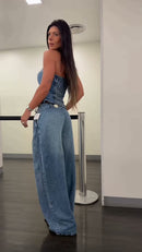Conjunto Tomara que Caia Peplum e Calça Wide Leg Jeans - Azul Jeans - lateral