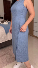 Vestido Midi Linho com Botões - Azul Jeans - lateral