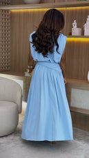 Vestido Longo Cintura Marcada Poliamida - Azul Claro - costas