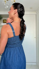 Vestido Longo Jeans Alças 100% Algodão - Azul Jeans - costas