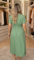 Vestido Midi Manga Curta com Botões e Friso - Verde - costas