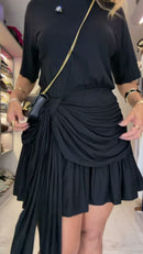 Vestido Curto Manga Curta com Drapeado Lateral Preto - Preto - detalhe