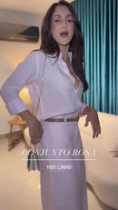 Conjunto Camisa e Calça Pantalona 100% Linho Rosa - Rosa - detalhe