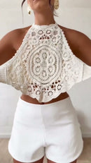Cropped Crochê Gola Alta - Branco - detalhe