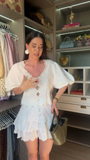 Conjunto Blusa Manga Bufante e Saia Babados Laise Off White - Off White - detalhe