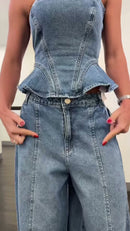 Conjunto Tomara que Caia Peplum e Calça Wide Leg Jeans - Azul Jeans - detalhe