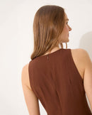 Vestido Longo Evasê com Forro - Marrom - detalhe