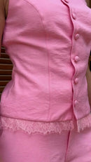 Conjunto Colete com Renda e Calça Rosa - Rosa - detalhe