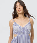 Vestido Evasê em Tricoline Listrado com Bordado Branco - Listrado Azul - detalhe