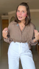 Camisa Oversized em Linho Marrom - Marrom - detalhe
