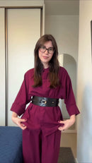 Conjunto Camisa e Calça Pantalona com Cinto Vinho - Vinho - detalhe