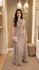 Vestido Longo Decote Drapeado com Fenda Rosê - Rosê - frente