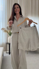 Conjunto Camisa e Calça Pantalona em Linho Bege - Bege - frente