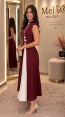 Vestido Midi Gola Cheongsam Bicolor - Vinho - lateral