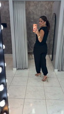 Conjunto Blusa com Amarração e Calça Jogger Preto - Preto - lateral