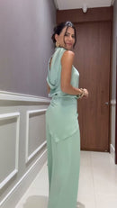 Conjunto Blusa Gola Alta e Calça Pantalona Acetinado Verde Menta - Verde Menta - lateral