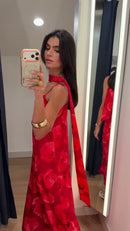 Vestido Longo Estampado Floral com Gola Lenço Vermelho - Vermelho - lateral