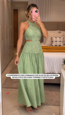 Vestido Longo Renda com Recortes - Verde - lateral