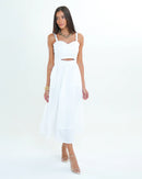 Vestido Midi Adriana em Tricoline Decote Coração e Bolsos