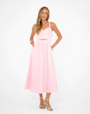 Vestido Midi Adriana em Tricoline Decote Coração e Bolsos