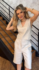 Conjunto 100% Linho Twill blusa com zíper e bermuda alongada