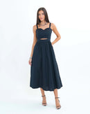 Vestido Midi Adriana em Tricoline Decote Coração e Bolsos