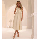 Vestido Midi Adriana em Tricoline Decote Coração e Bolsos